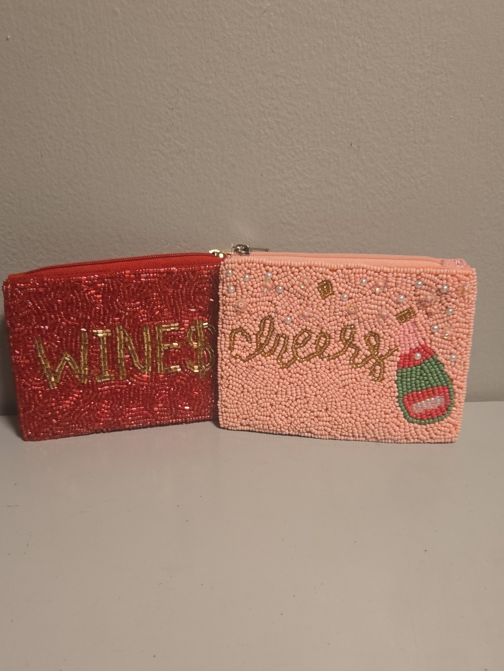 Beaded Pink Cheer And Wine Mini Pouches